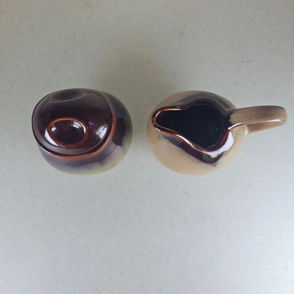Sango Nova Brown Mottled Drip Glaze Pottery Creamer & Sugar Bowl Set‎ Model 4933